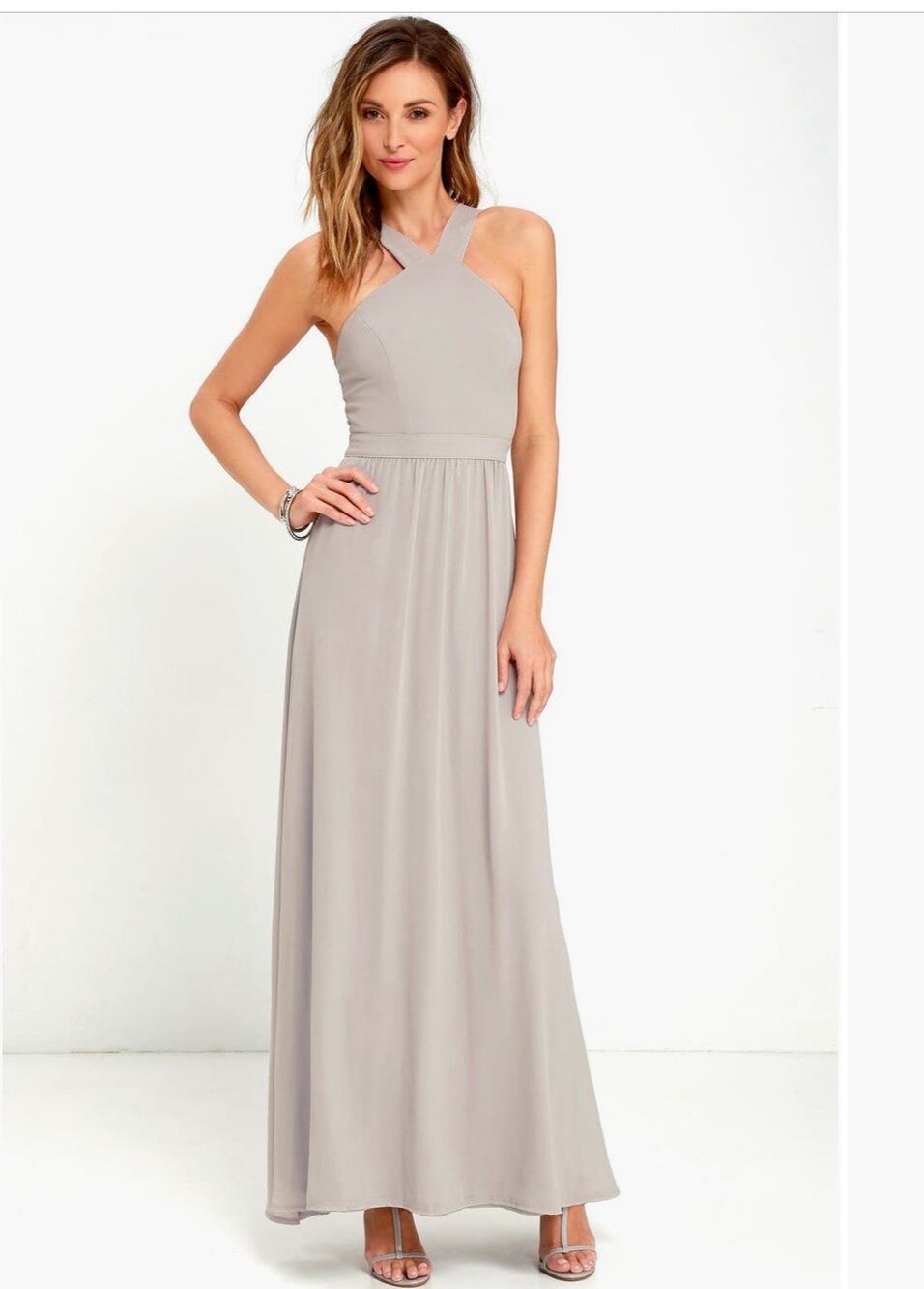 Lulus Pale Gray Chiffon Gown Criss Cross Neck A-Line Floor Length Medium New